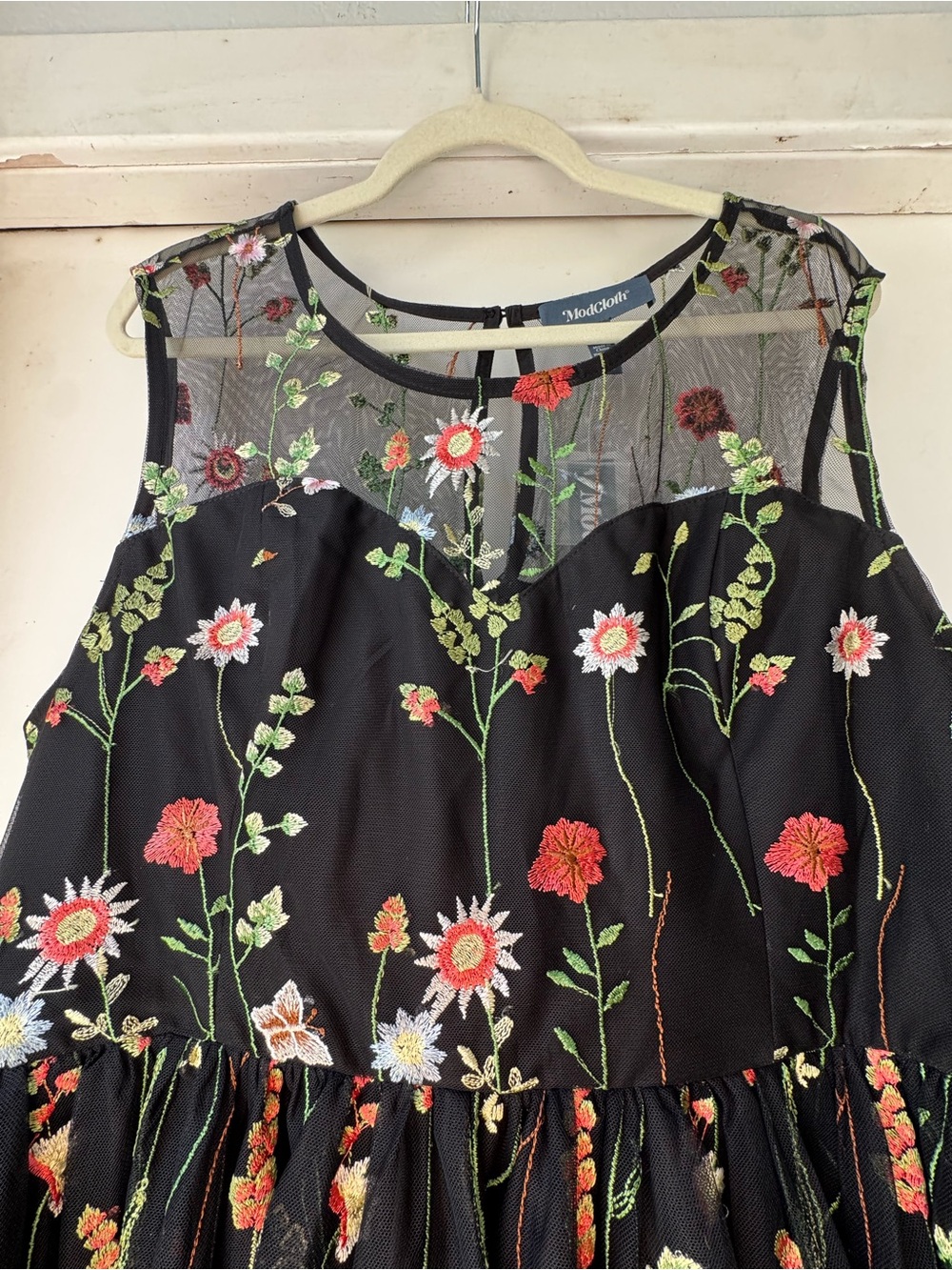 Black Floral Embroidered Mesh Dress - Picture 2 of 5